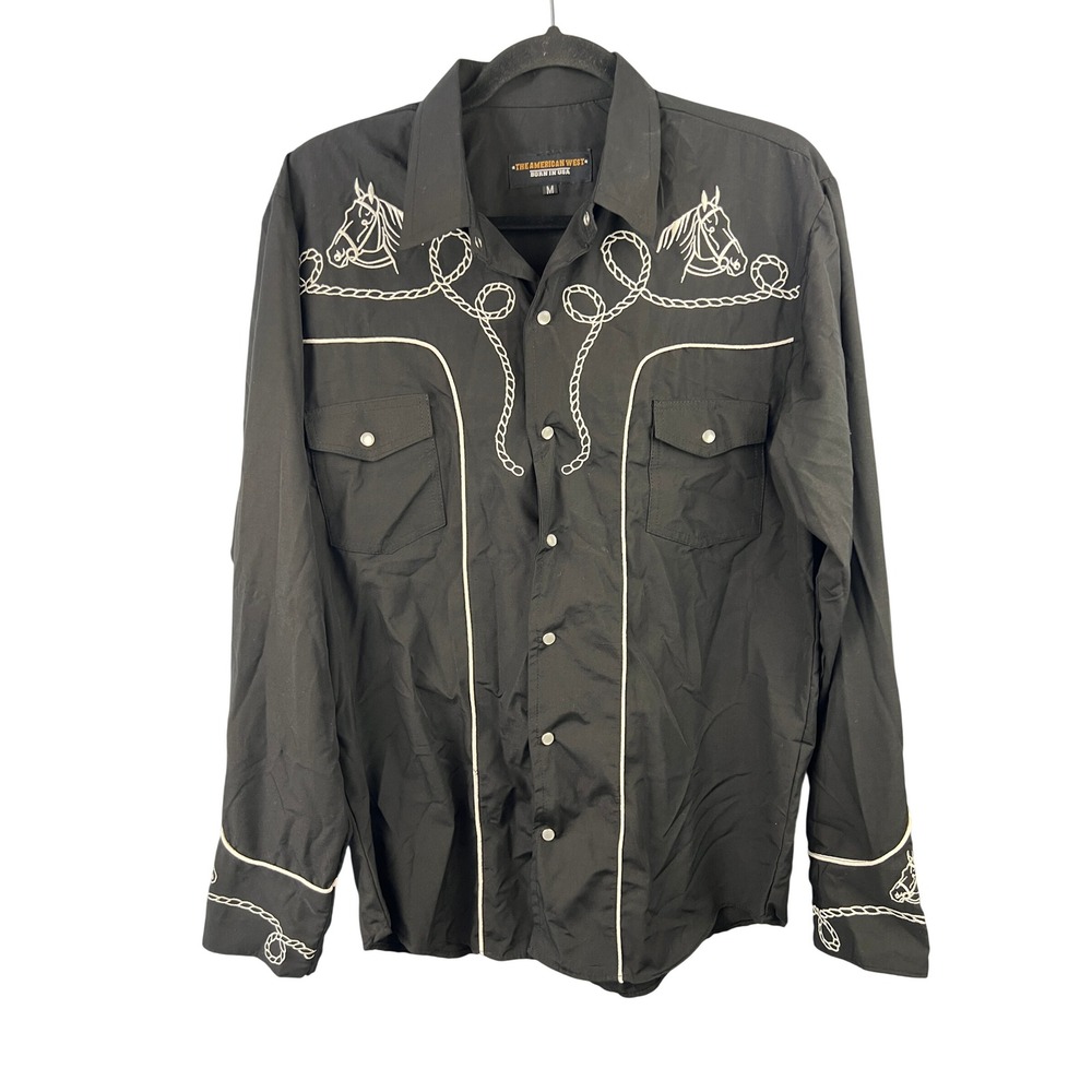VTG The American West Black Pearl Snap Western Shirt Embroidered Horse Rope SZM
